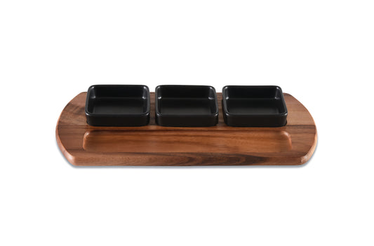 Charcuterie/ Serving Tray w/ 3 black square ceramic bowls   9" x 18"