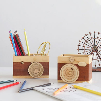 Wood Camera Pen Container