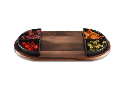 Charcuterie/ Serving Tray w/ 4 black triangular ceramic bowls