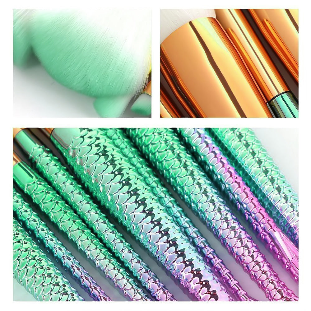 11Pcs Mermaid Makeup Brush Face Eyebrow Lip Eyeliner Brush Green Gold