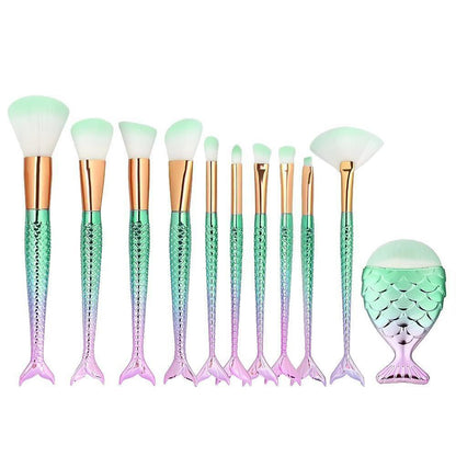 11Pcs Mermaid Makeup Brush Face Eyebrow Lip Eyeliner Brush Green Gold