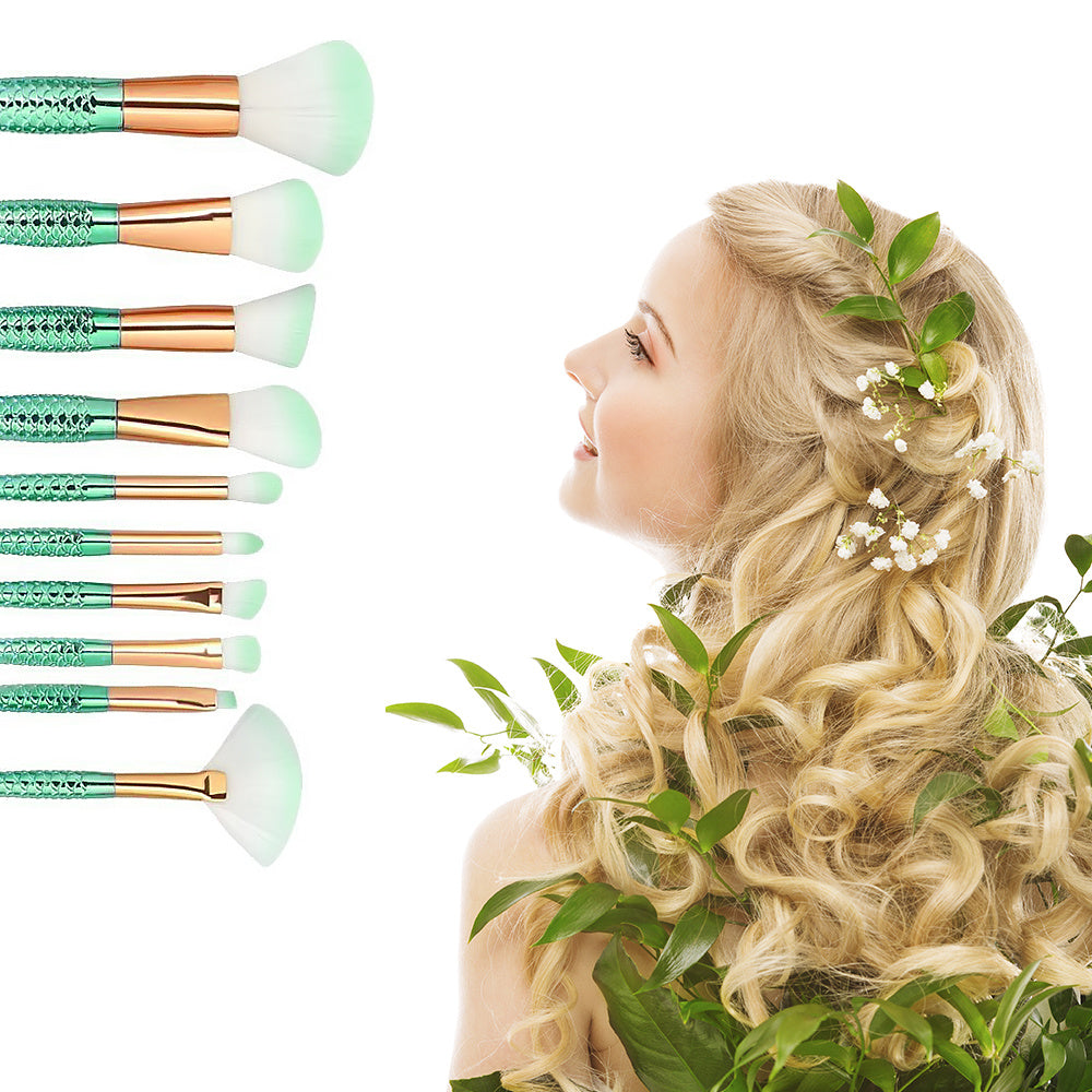 11Pcs Mermaid Makeup Brush Face Eyebrow Lip Eyeliner Brush Green Gold