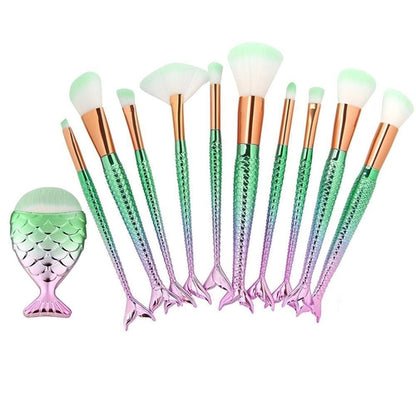 11Pcs Mermaid Makeup Brush Face Eyebrow Lip Eyeliner Brush Green Gold