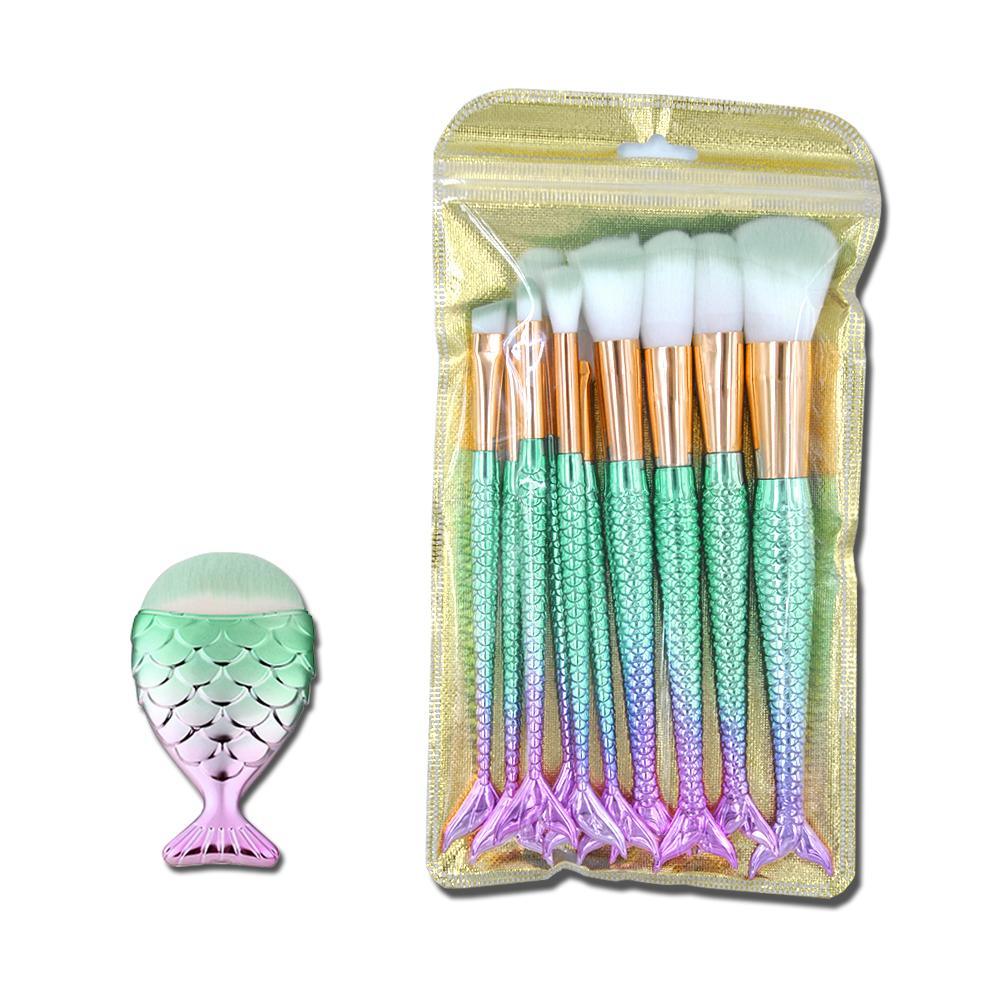 11Pcs Mermaid Makeup Brush Face Eyebrow Lip Eyeliner Brush Green Gold