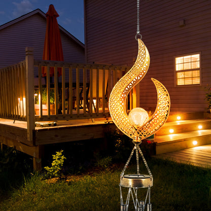 Solar Wrought Iron Wind Chime Lamp Outdoor Hollow Flame Sun Moon Lamp Garden Flame Suspension