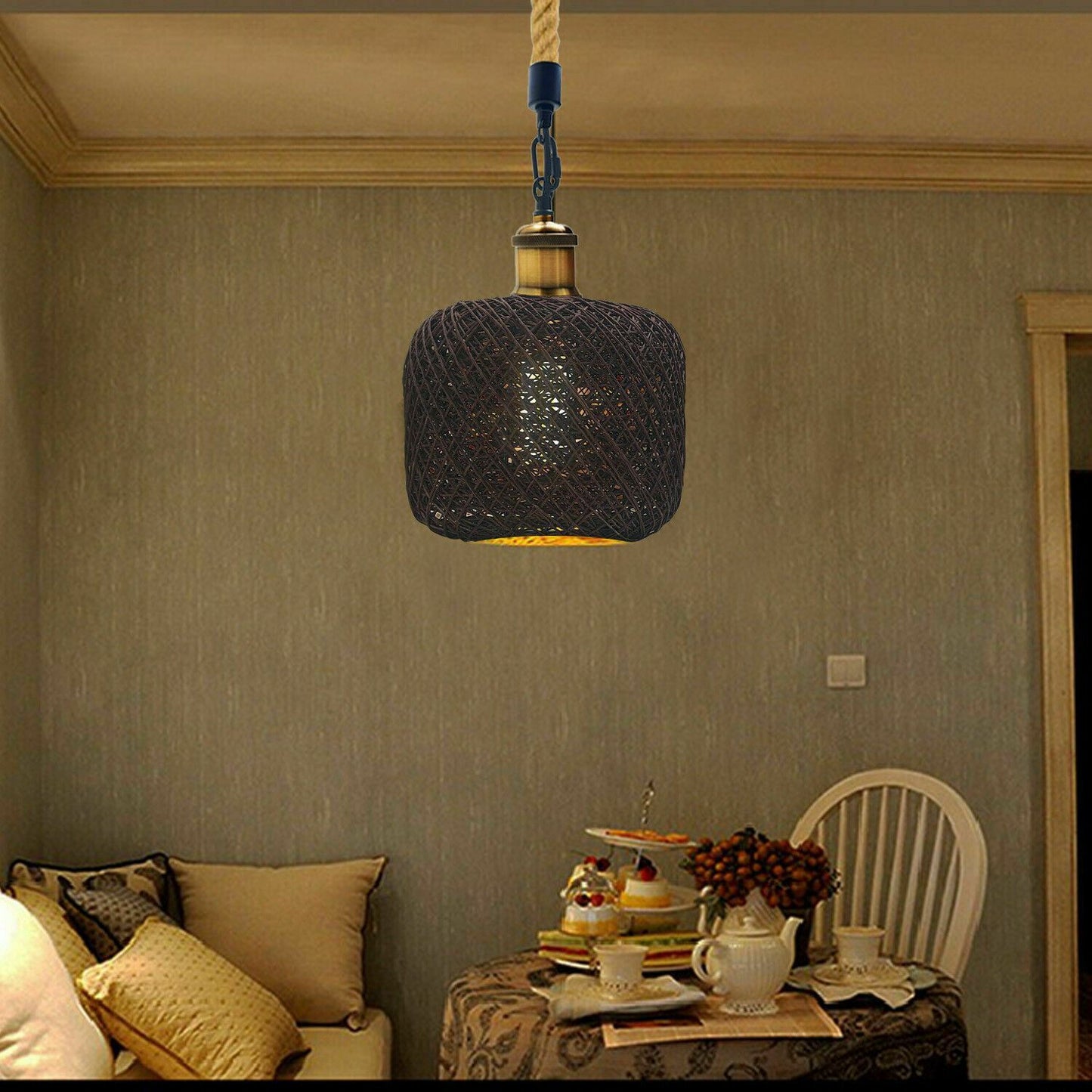 Rattan Ceiling Light lamp Hanging Hemp Rope Pendant Lamp Shade~1333