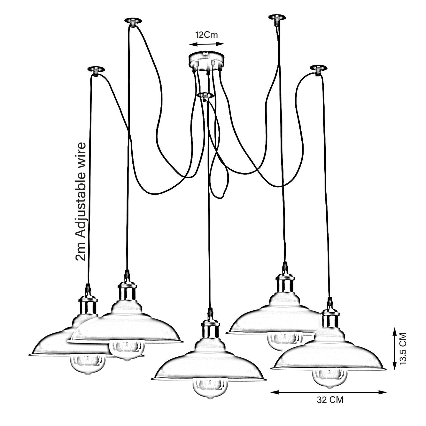 Vintage 5 Way Chandelier Spider Ceiling Fixture Metal Curvy Shade~3399