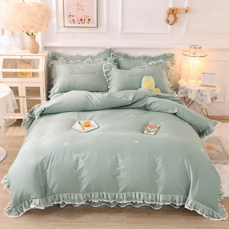 Summer Ruffled Cotton Four-piece Set Girl Heart Embroidery Flower Quilt Cover