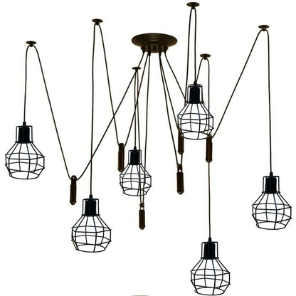 Black Spider Chandelier with Wire Cage 6 Out Let Pendant Light~2018