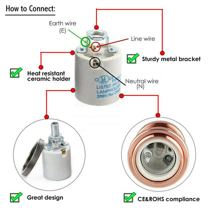 E26 Bulb Socket Ceramics Lamp Holder Lampshades addable ES Screw Bulb