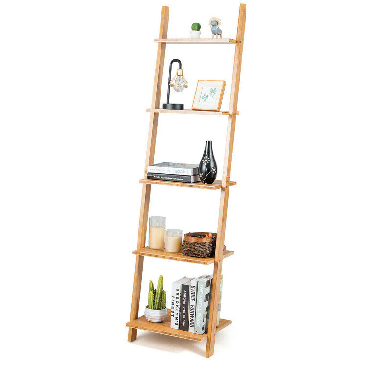 5-Tier Modern Bamboo Wall-Leaning Display Ladder Bookshel