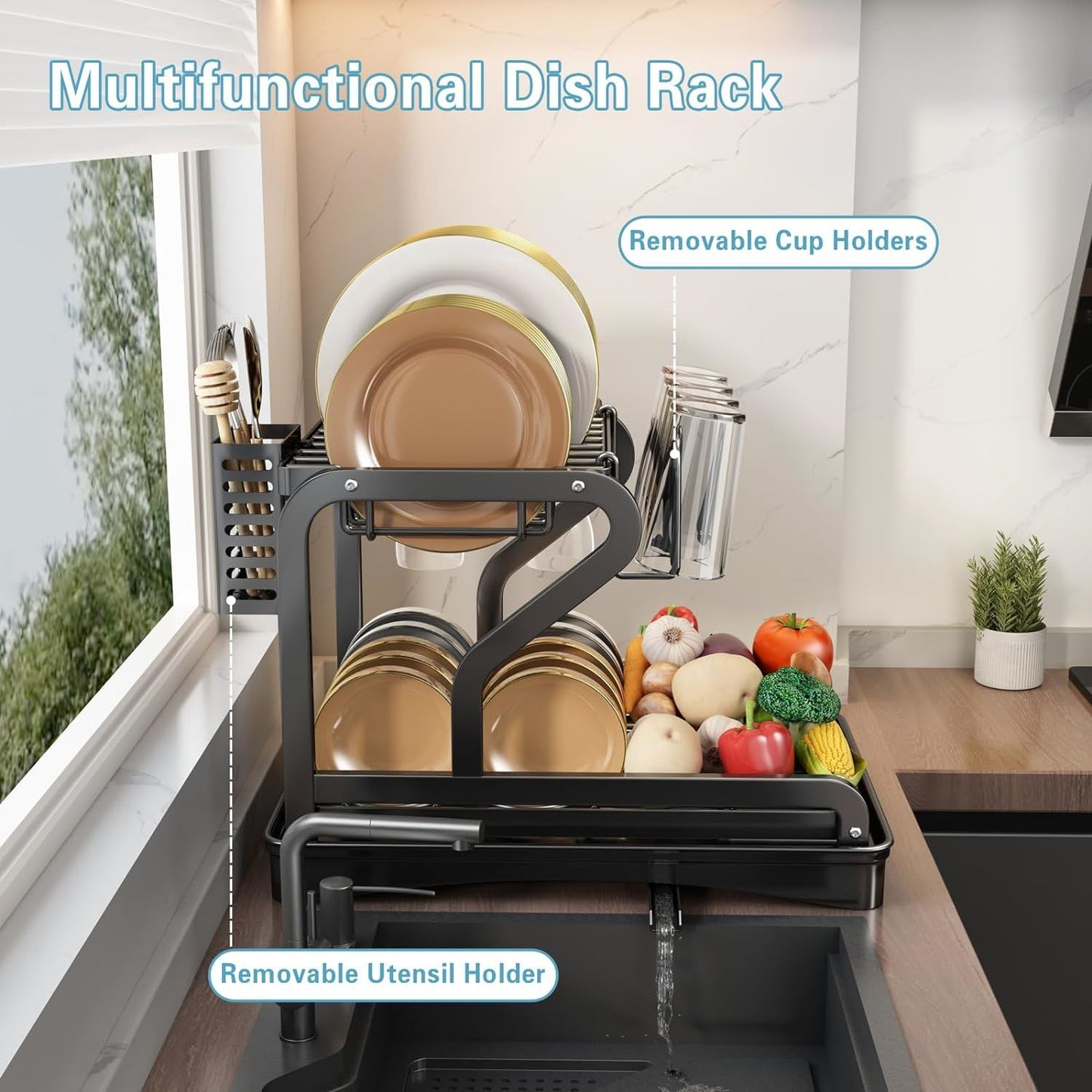 Dish Drying Rack 2 Tier Metal Kitchen Dish Rack with Utensil Holder Dish Drainers and Drainboard Sink Rack for Dishes