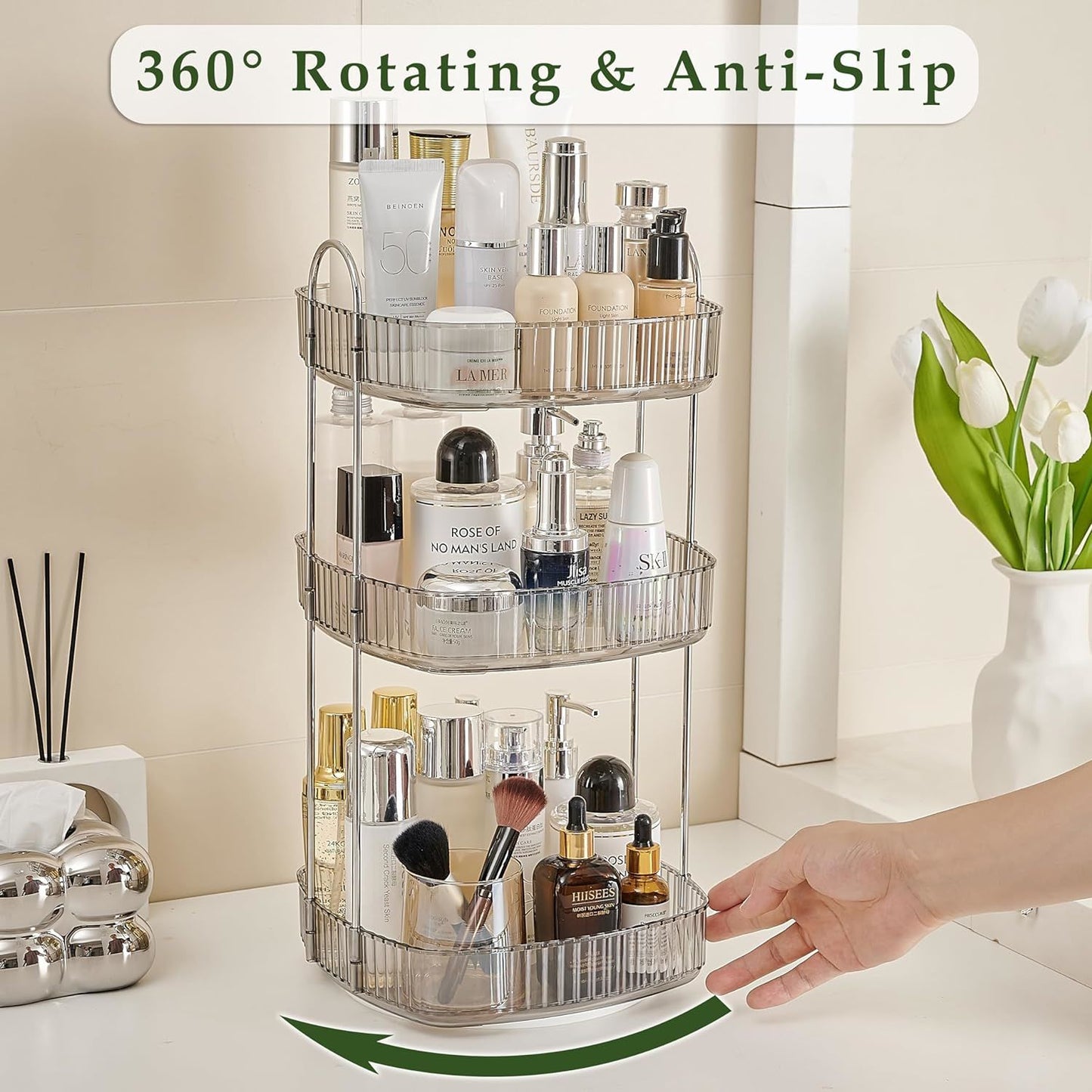 Square Rotating Makeup Organizer Bathroom Counter Organizer for Perfume Skincare Cosmetics - 2-tier