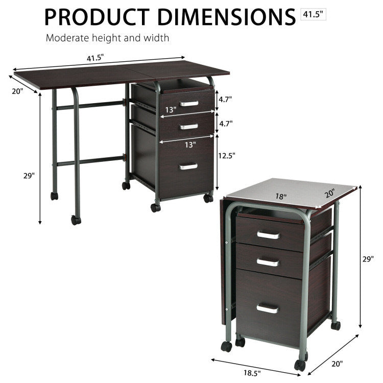 Home Office Folding Computer Laptop Desk Wheeled with 3 Drawers