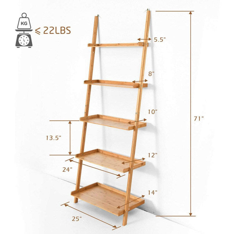 5-Tier Ladder Shelf Bamboo Bookshelf Wall-Leaning Storage Display Plant Stand