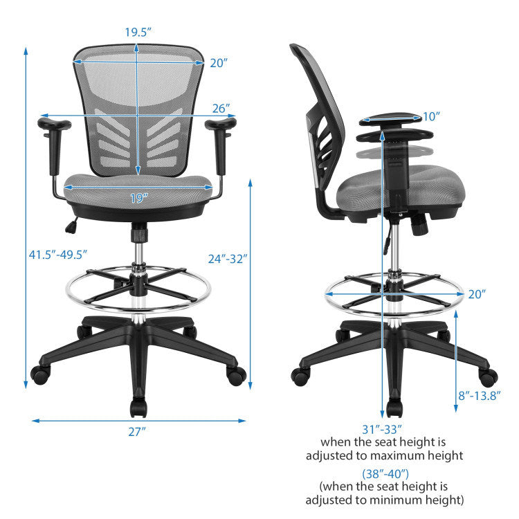 Mesh Drafting Chair Office Chair with Adjustable Armrests and Foot-Ring