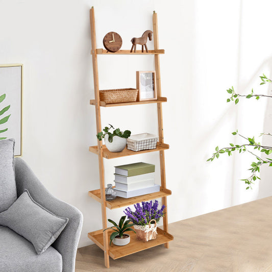 5-Tier Ladder Shelf Bamboo Bookshelf Wall-Leaning Storage Display Plant Stand