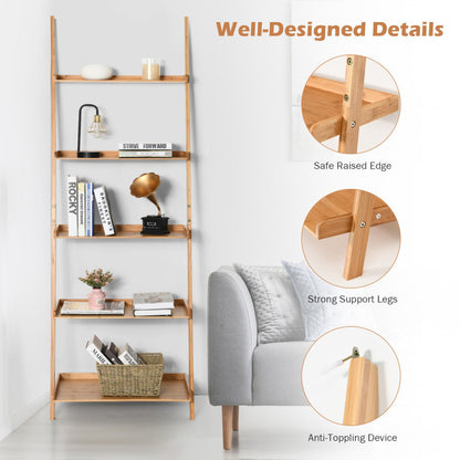 5-Tier Ladder Shelf Bamboo Bookshelf Wall-Leaning Storage Display Plant Stand