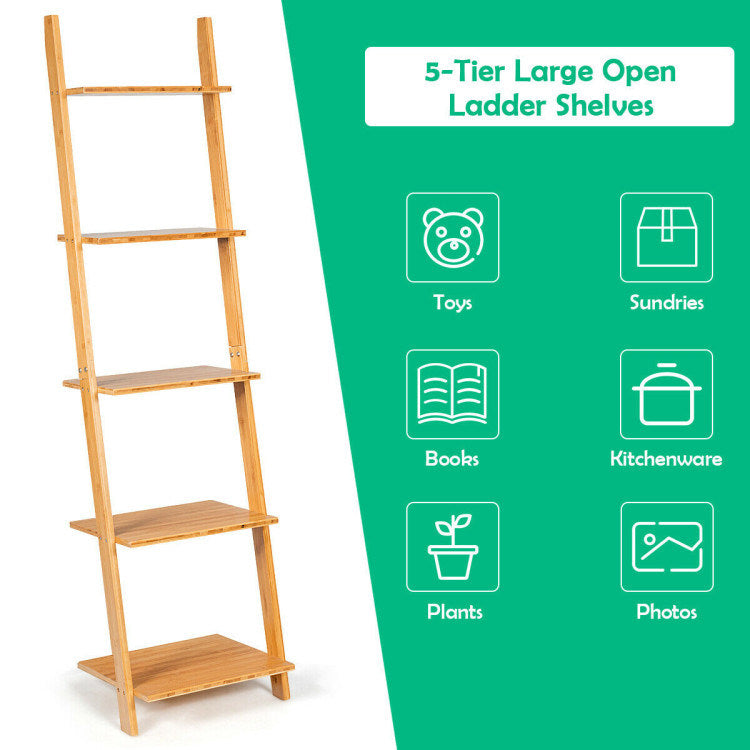 5-Tier Modern Bamboo Wall-Leaning Display Ladder Bookshel