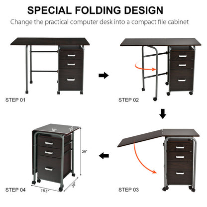 Home Office Folding Computer Laptop Desk Wheeled with 3 Drawers