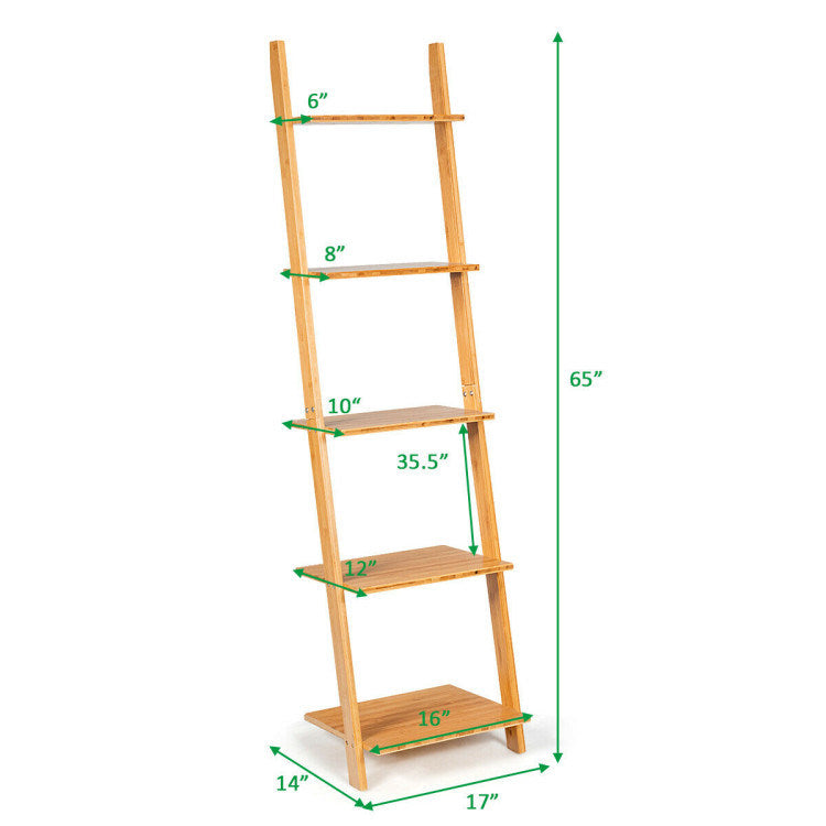 5-Tier Modern Bamboo Wall-Leaning Display Ladder Bookshel