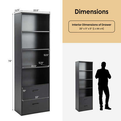 6-Tier Tall Freestanding Bookshelf with 4 Open Shelves and 2 Drawers