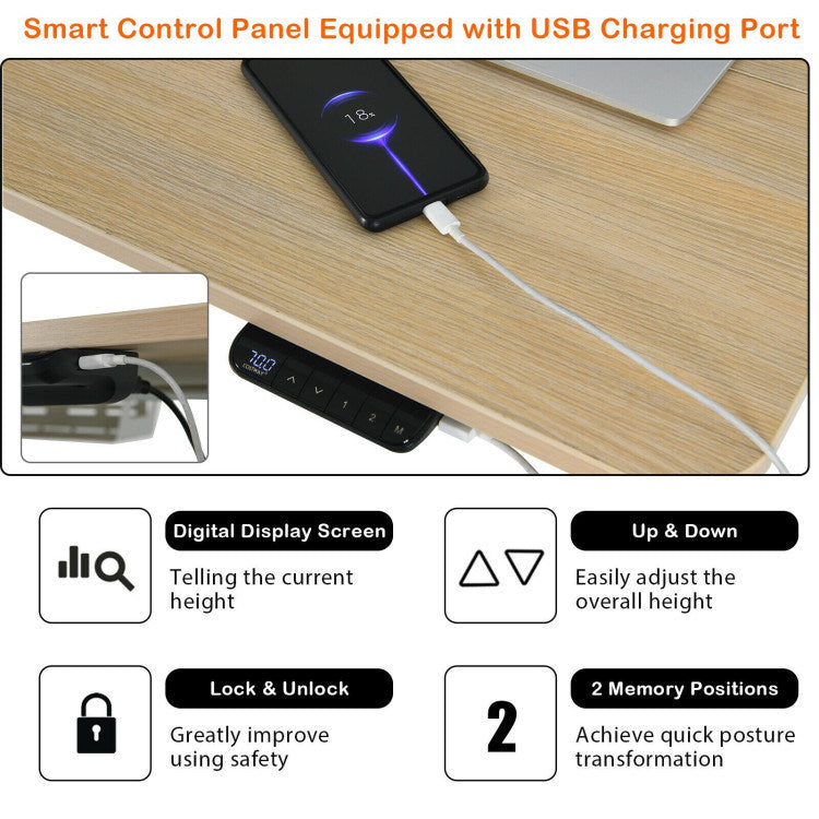 48-Inch Electric Standing Adjustable Desk with Control Panel and USB Port