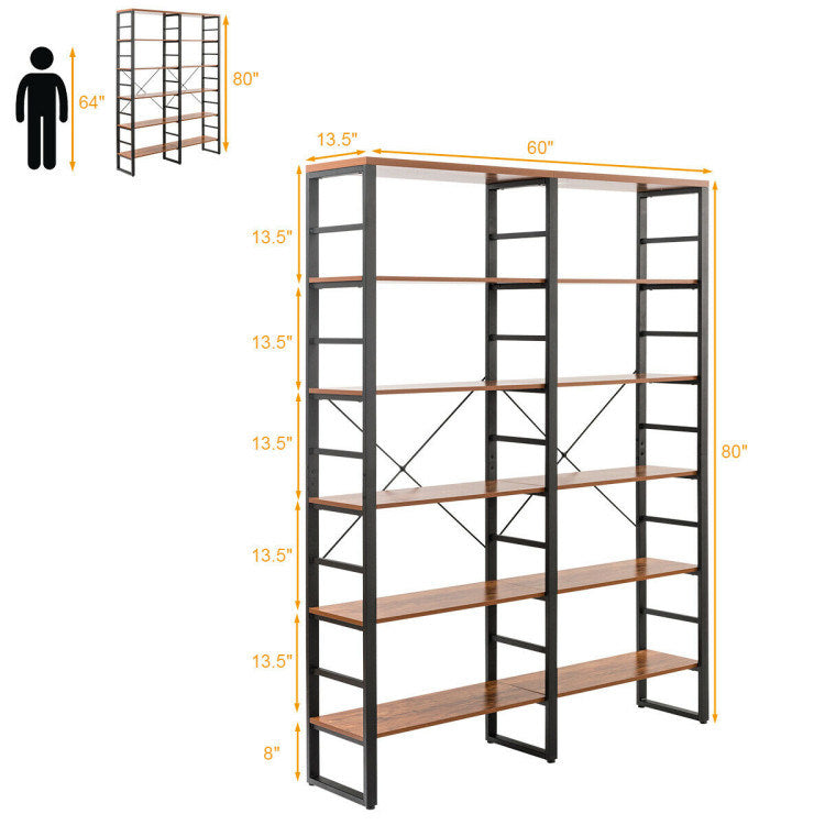 80 Inch Freestanding Industrial Double Wide 6-Shelf Bookcase