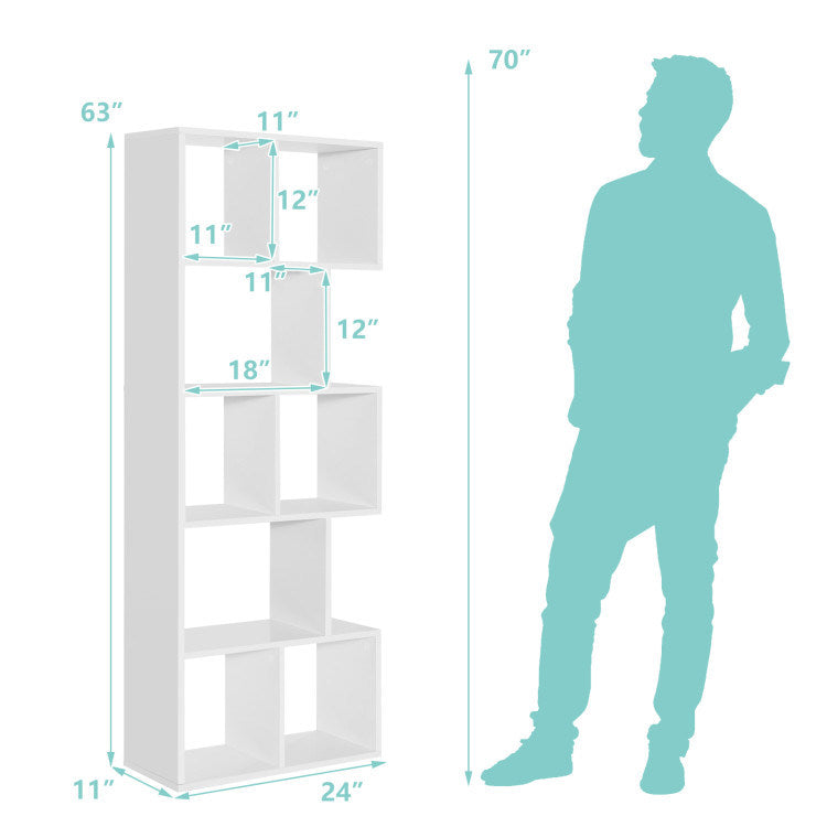 5 Tiers 63 Inch Tall Geometric Wooden Bookshelf with 8 Display Shelves