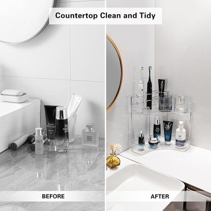 Acrylic Corner Makeup Organizer Stylish Counter Organizer for Vanity and Bathroom Countertop