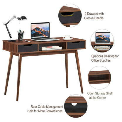 Stylish Computer Desk Workstation with 2 Drawers and Solid Wood Legs