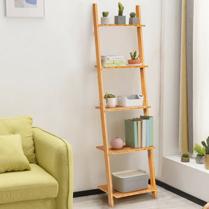 5-Tier Modern Bamboo Wall-Leaning Display Ladder Bookshel