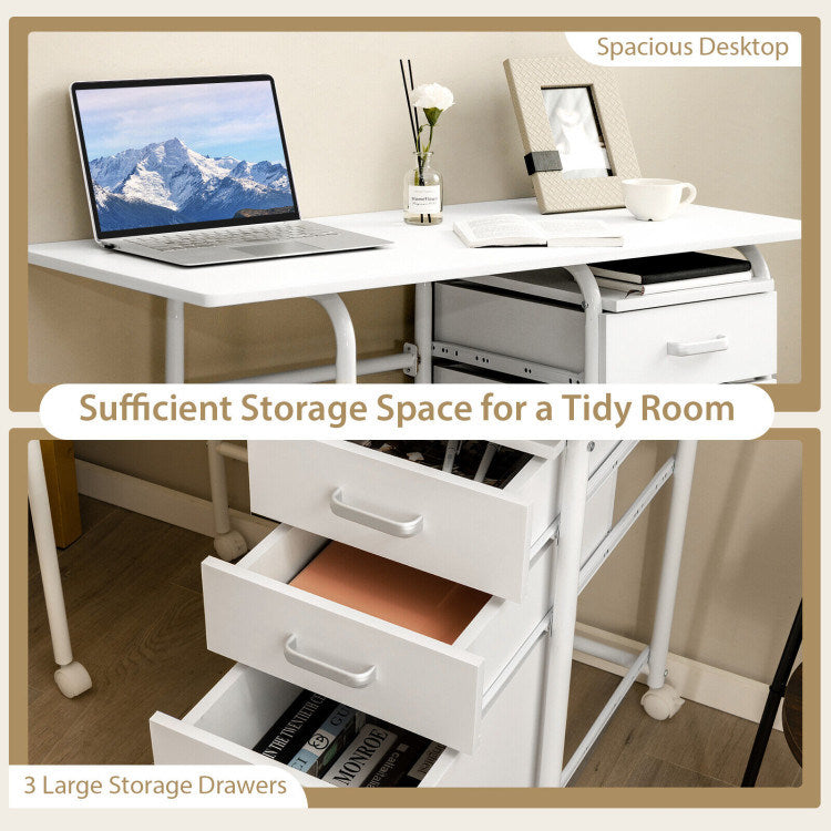 Home Office Folding Computer Laptop Desk Wheeled with 3 Drawers