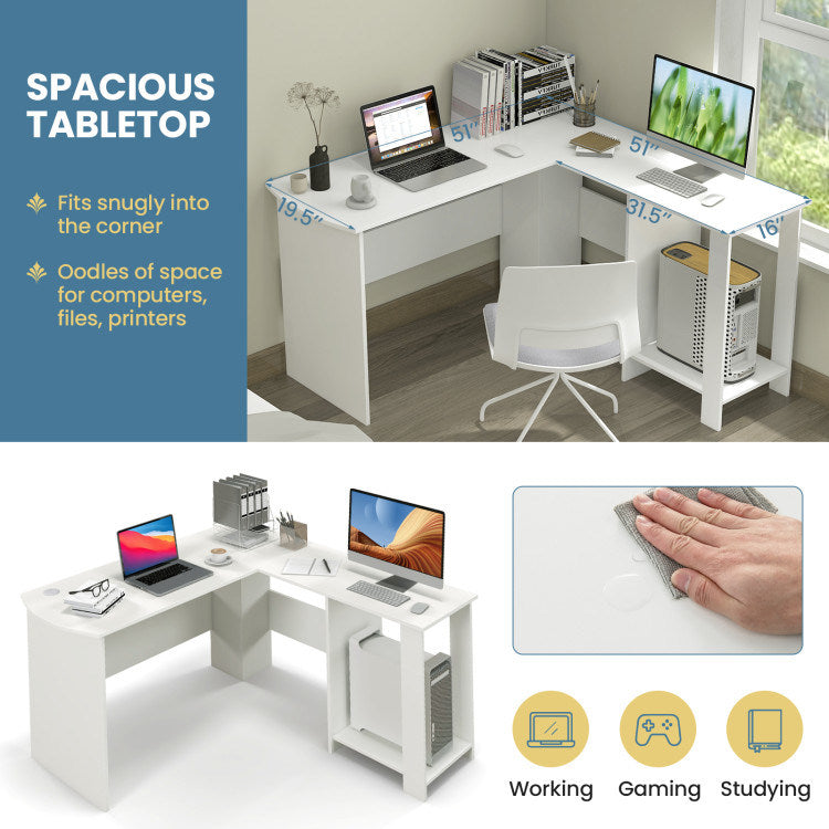 Large Modern L-shaped Computer Desk with 2 Cable Holes and 2 Storage Shelves