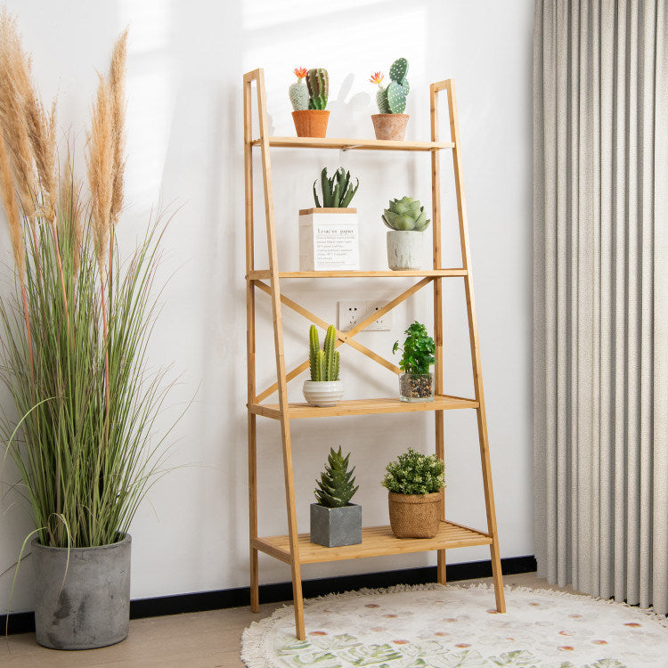 58 Inch 4-Tier Bamboo Ladder Bookshelf