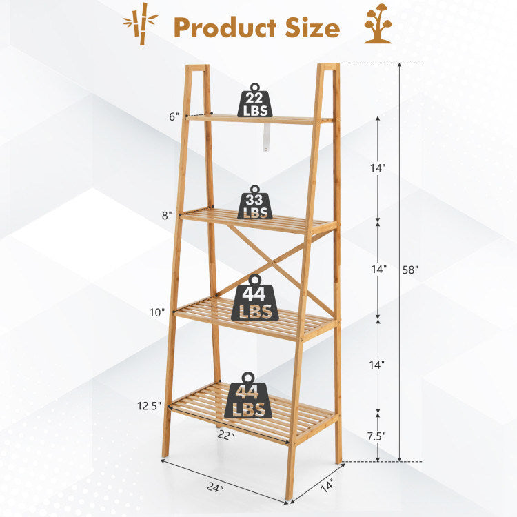 58 Inch 4-Tier Bamboo Ladder Bookshelf