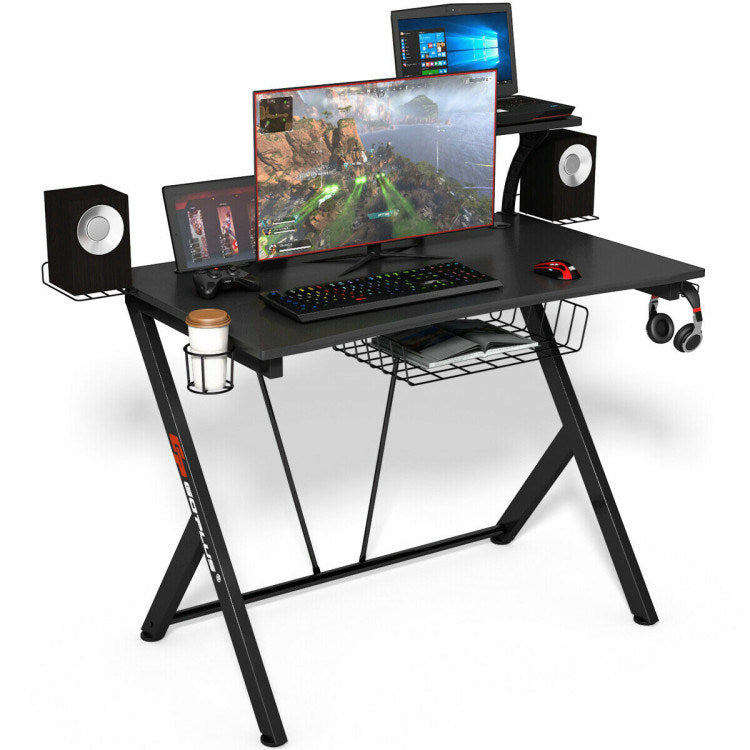 Multifunctional E-Sport Gaming Desk with Headset Hook and Cup Holder