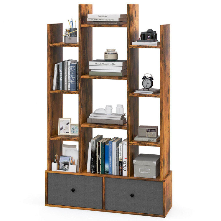 12-Tier Open-Back Freestanding Bookshelf with Drawer