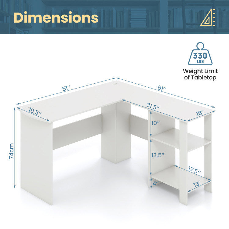 Large Modern L-shaped Computer Desk with 2 Cable Holes and 2 Storage Shelves