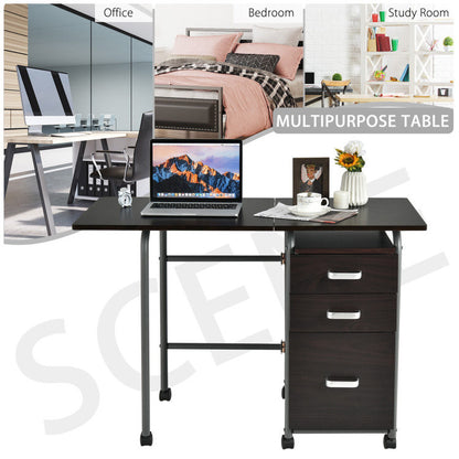 Home Office Folding Computer Laptop Desk Wheeled with 3 Drawers