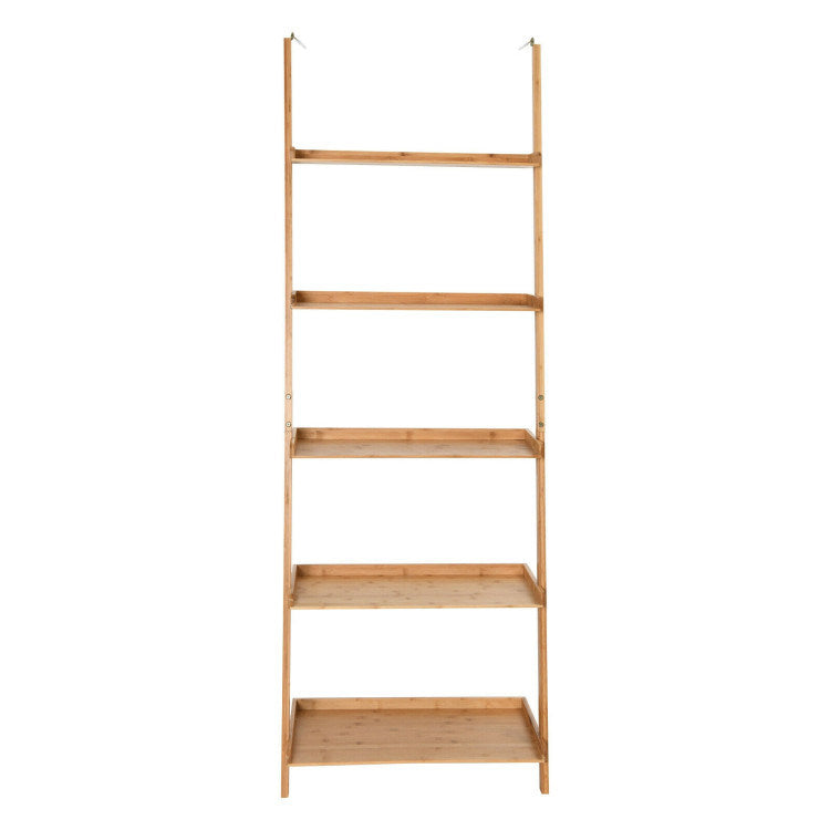 5-Tier Ladder Shelf Bamboo Bookshelf Wall-Leaning Storage Display Plant Stand