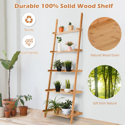 5-Tier Ladder Shelf Bamboo Bookshelf Wall-Leaning Storage Display Plant Stand