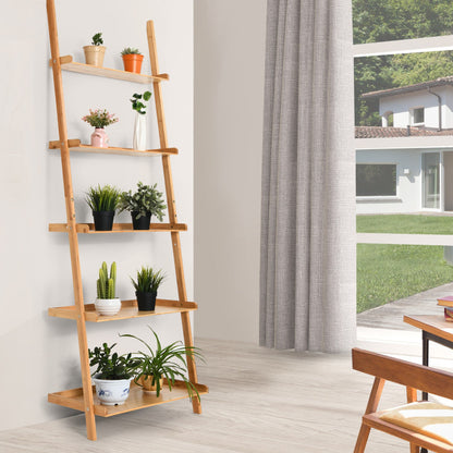 5-Tier Ladder Shelf Bamboo Bookshelf Wall-Leaning Storage Display Plant Stand