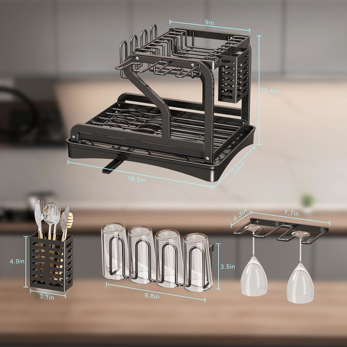 Dish Drying Rack 2 Tier Metal Kitchen Dish Rack with Utensil Holder Dish Drainers and Drainboard Sink Rack for Dishes