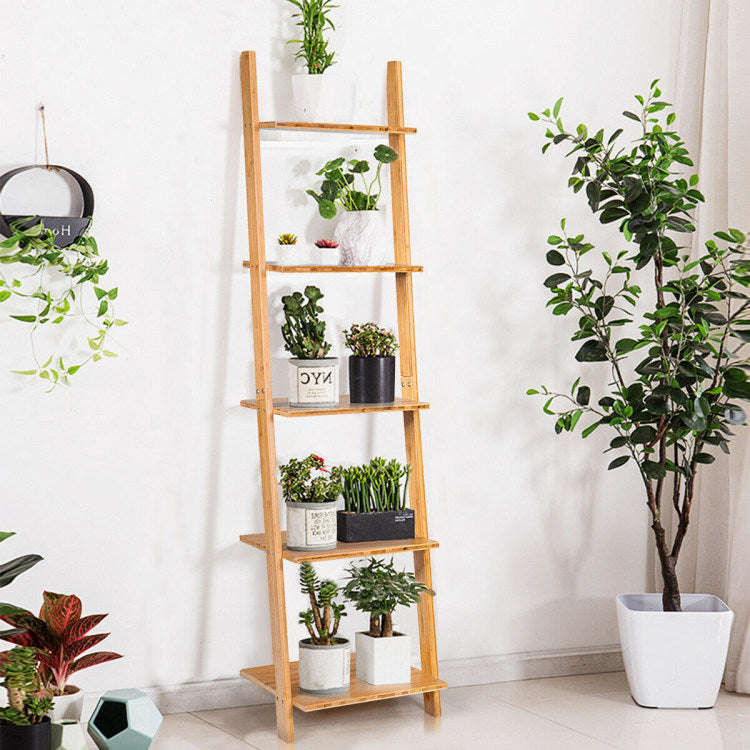 5-Tier Modern Bamboo Wall-Leaning Display Ladder Bookshel