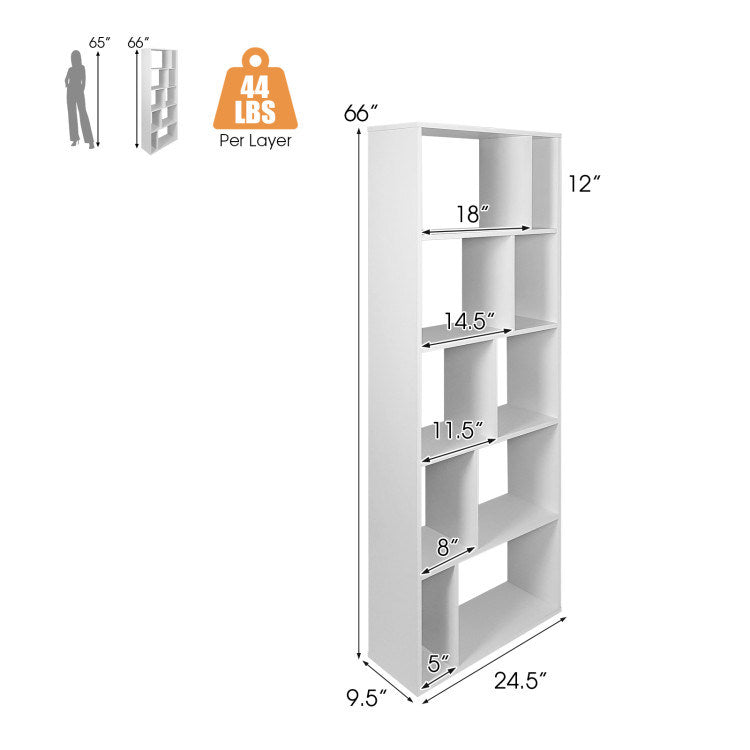 66 Inch Tall 5 Tiers Wood Bookshelf with 10 Open Compartments