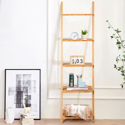 5-Tier Modern Bamboo Wall-Leaning Display Ladder Bookshel