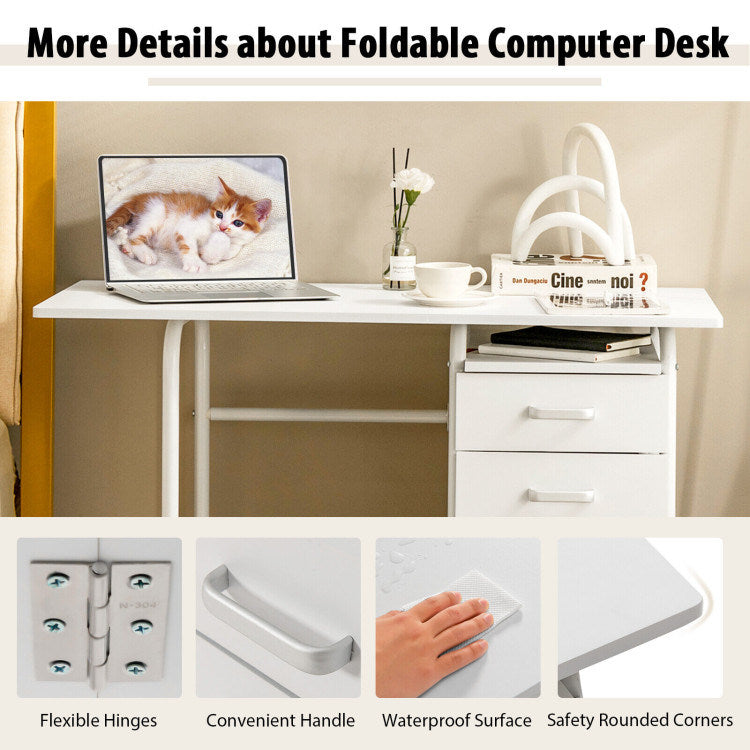 Home Office Folding Computer Laptop Desk Wheeled with 3 Drawers