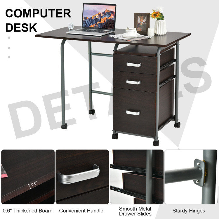 Home Office Folding Computer Laptop Desk Wheeled with 3 Drawers