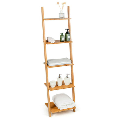 5-Tier Modern Bamboo Wall-Leaning Display Ladder Bookshel